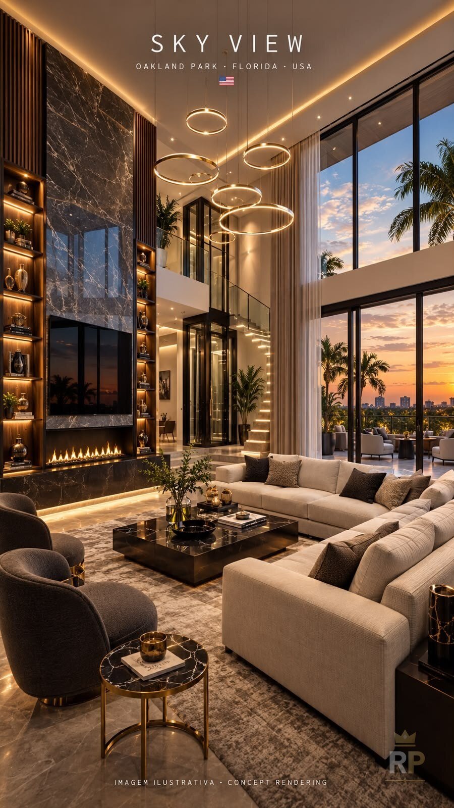 Sala de estar com pé-direito duplo, lareira e elevador privativo (imagem ilustrativa) — House in Oakland Park