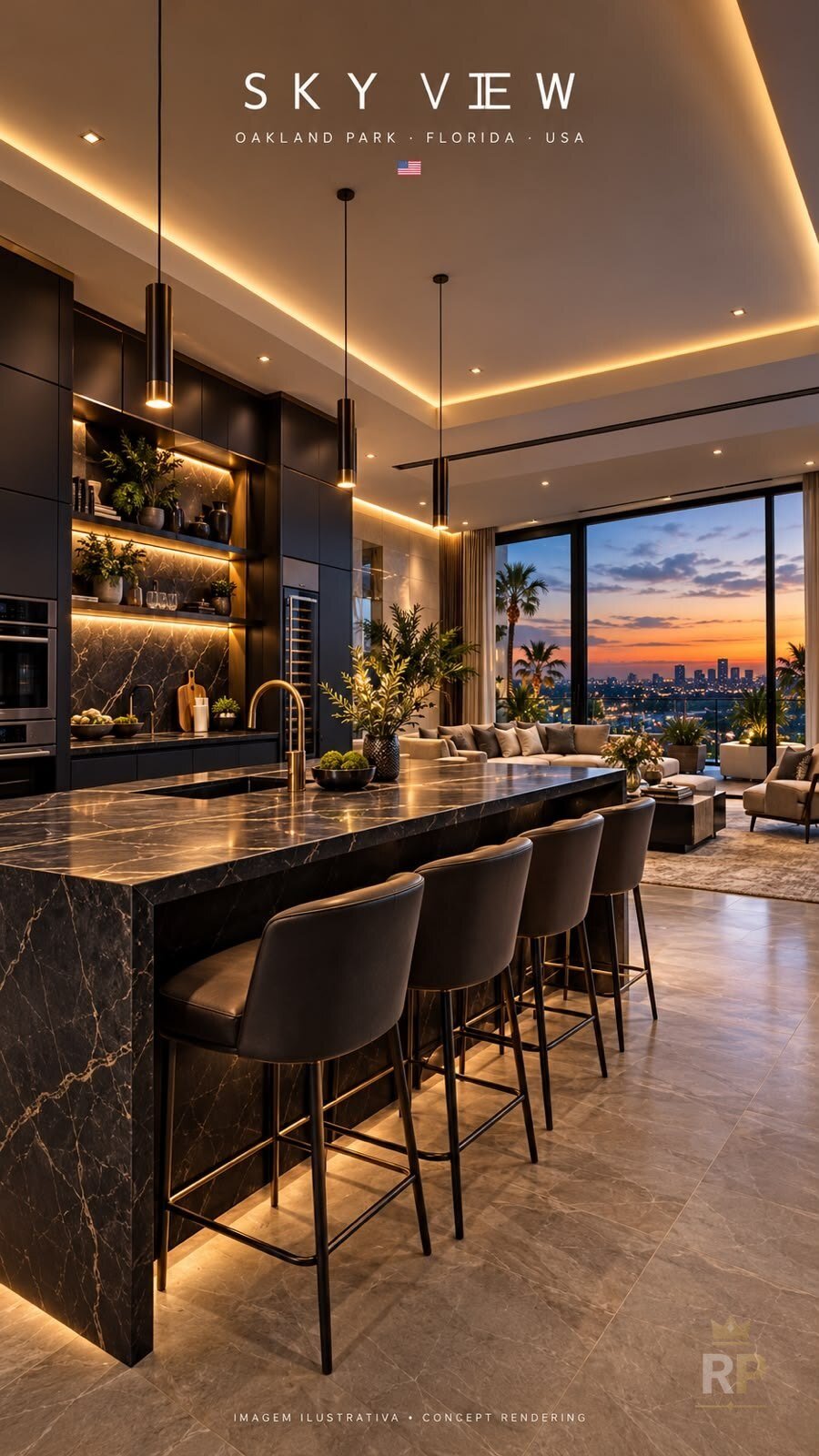 Cozinha integrada com ilha em mármore (imagem ilustrativa) — House in Oakland Park