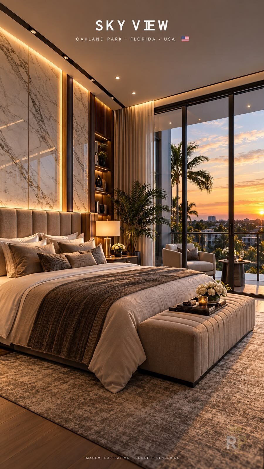 Dormitório com varanda e vista para o pôr do sol (imagem ilustrativa) — House in Oakland Park