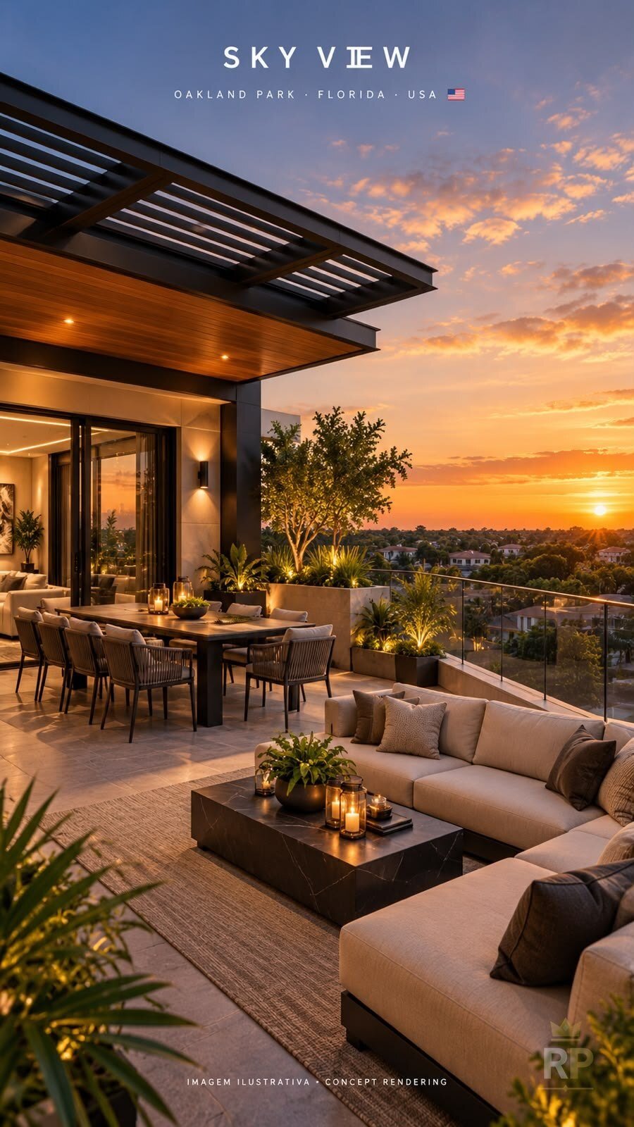 Terraço rooftop com áreas de jantar e estar ao ar livre (imagem ilustrativa) — House in Oakland Park
